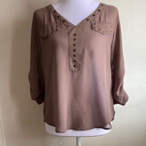 Studded V-Neck Blouse - Brown